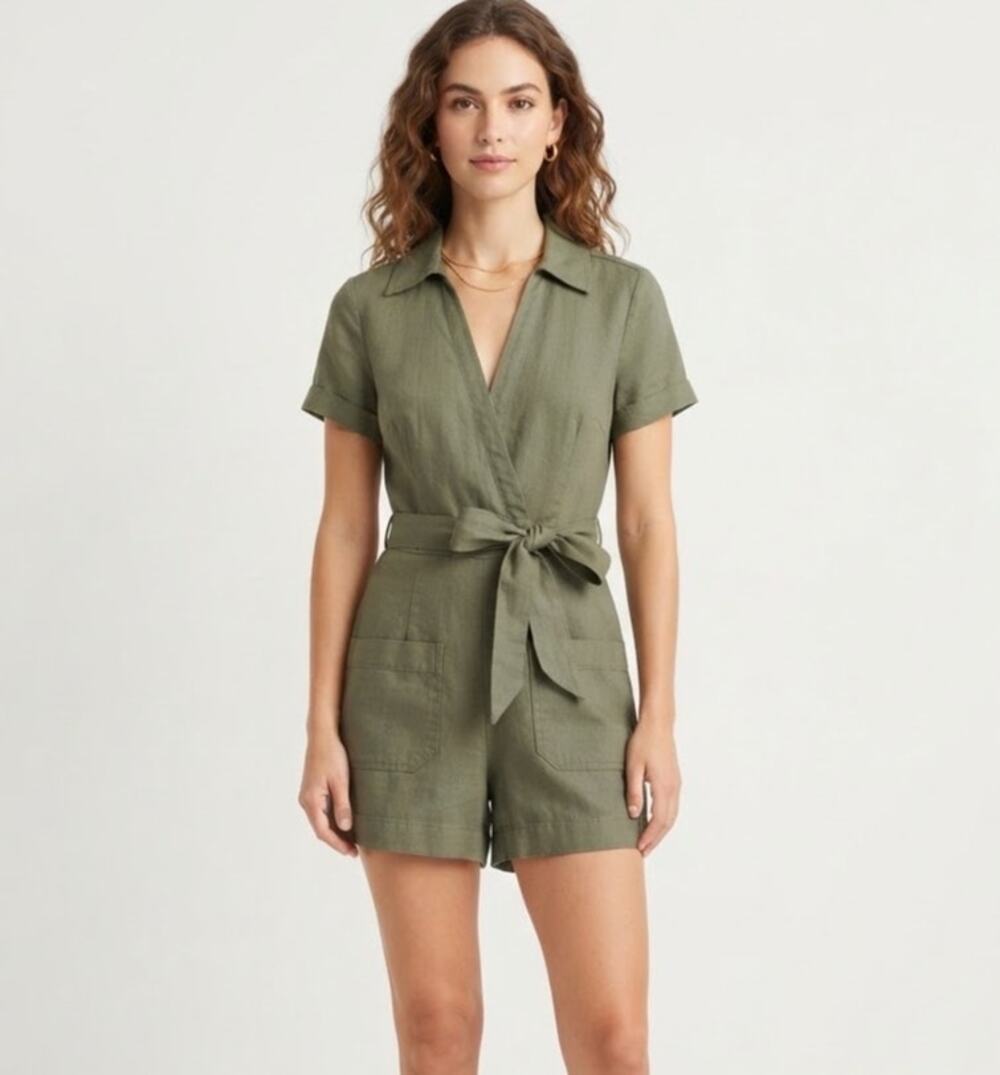 Maeve Anthropologie Olive Green Linen Blend Utility Romper Shorts Size 4 Outdoor